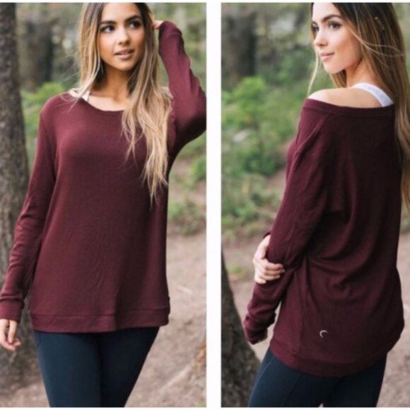 ZYIA Active Maroon Deep Red Waffle Knit Rayon Long Sleeve Wide Neck Shirt XS - Picture 6 of 6